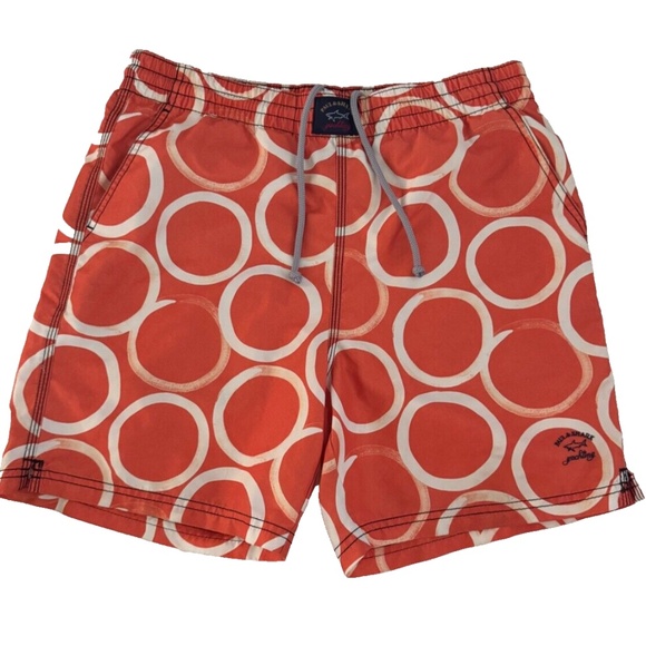 Paul & Shark Men's M Orange White Geometric Rings Swim Suit Trunks Italy Lined - Picture 1 of 4